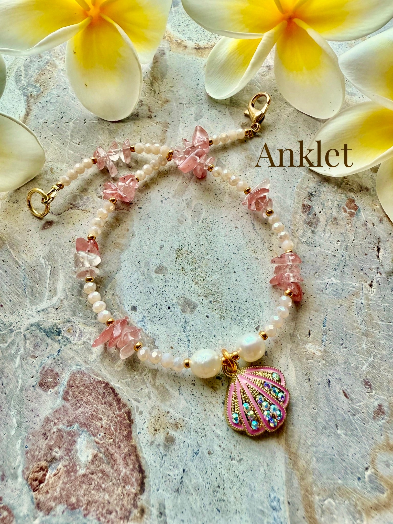 Pink Stone Chip Pearl Anklet