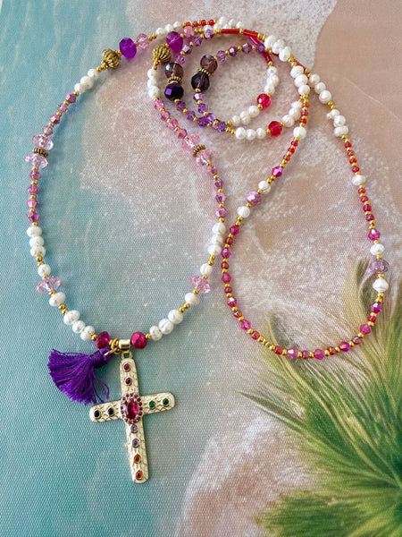 Pink Crystal Pearl Cross Necklace