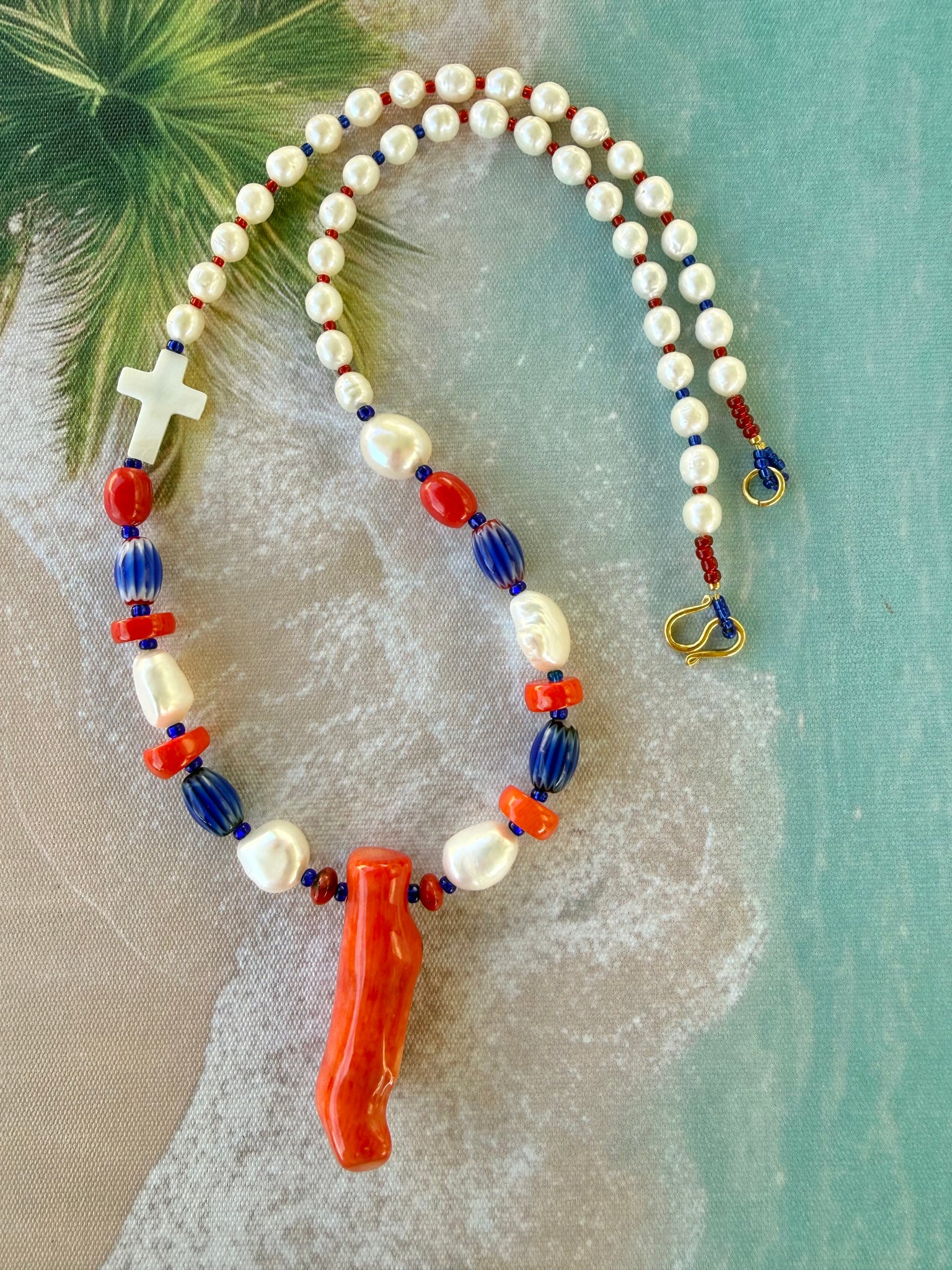 Mediterranean Coral & Pearl Cross  Necklace