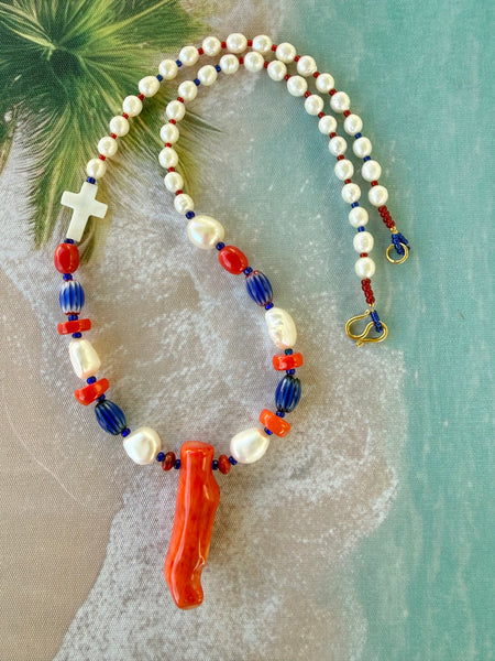 Red Coral Beaded Pearl Necklace