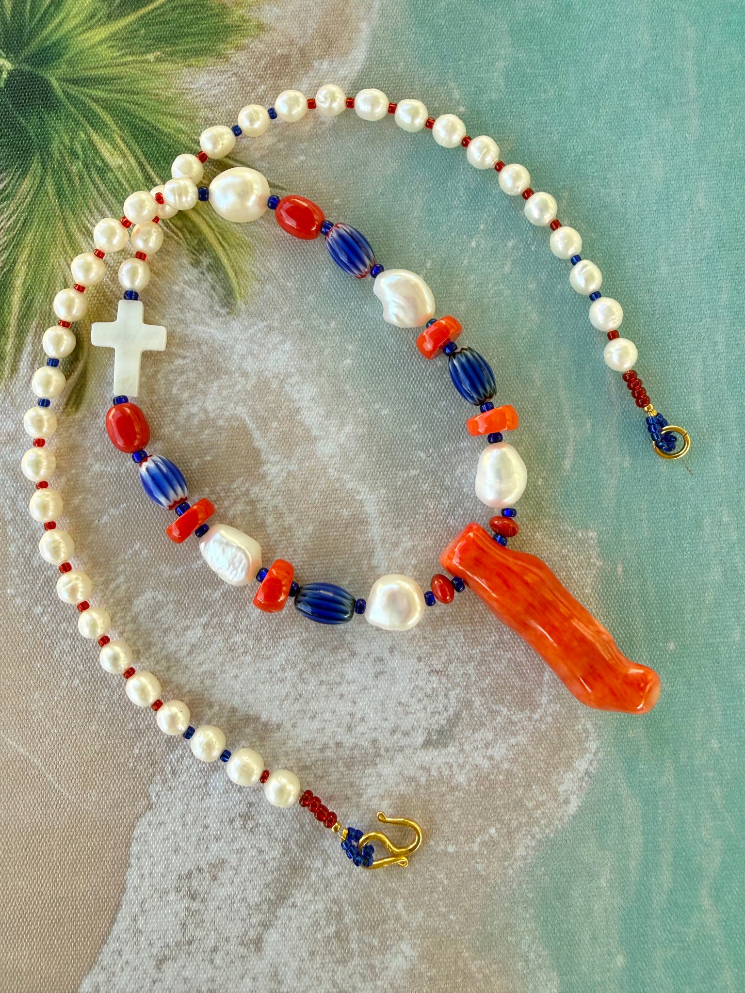 Mediterranean Coral & Pearl Cross  Necklace