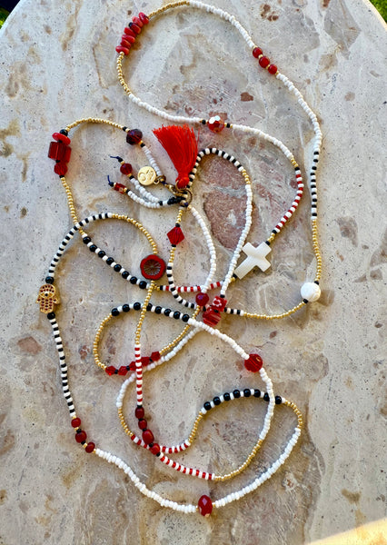 Positano Red White Black Charm Seed Bead  Necklace
