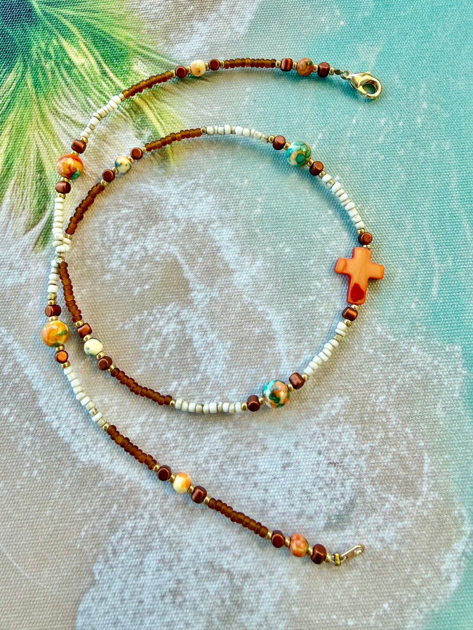 Sandy Beach Seed Bead Cross Necklace