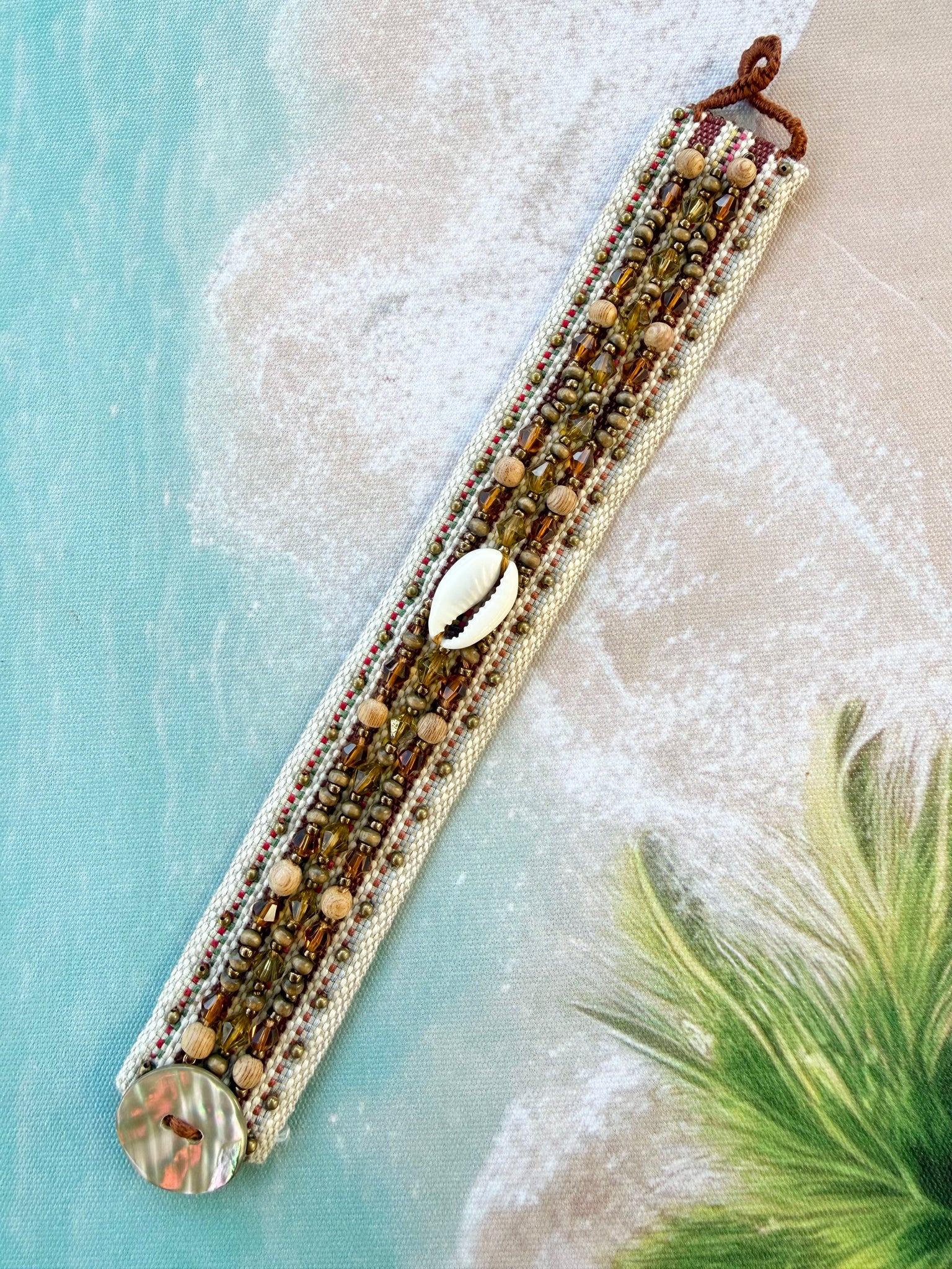 Embroidered Cowrie Shell Crystal Cuff Bracelet