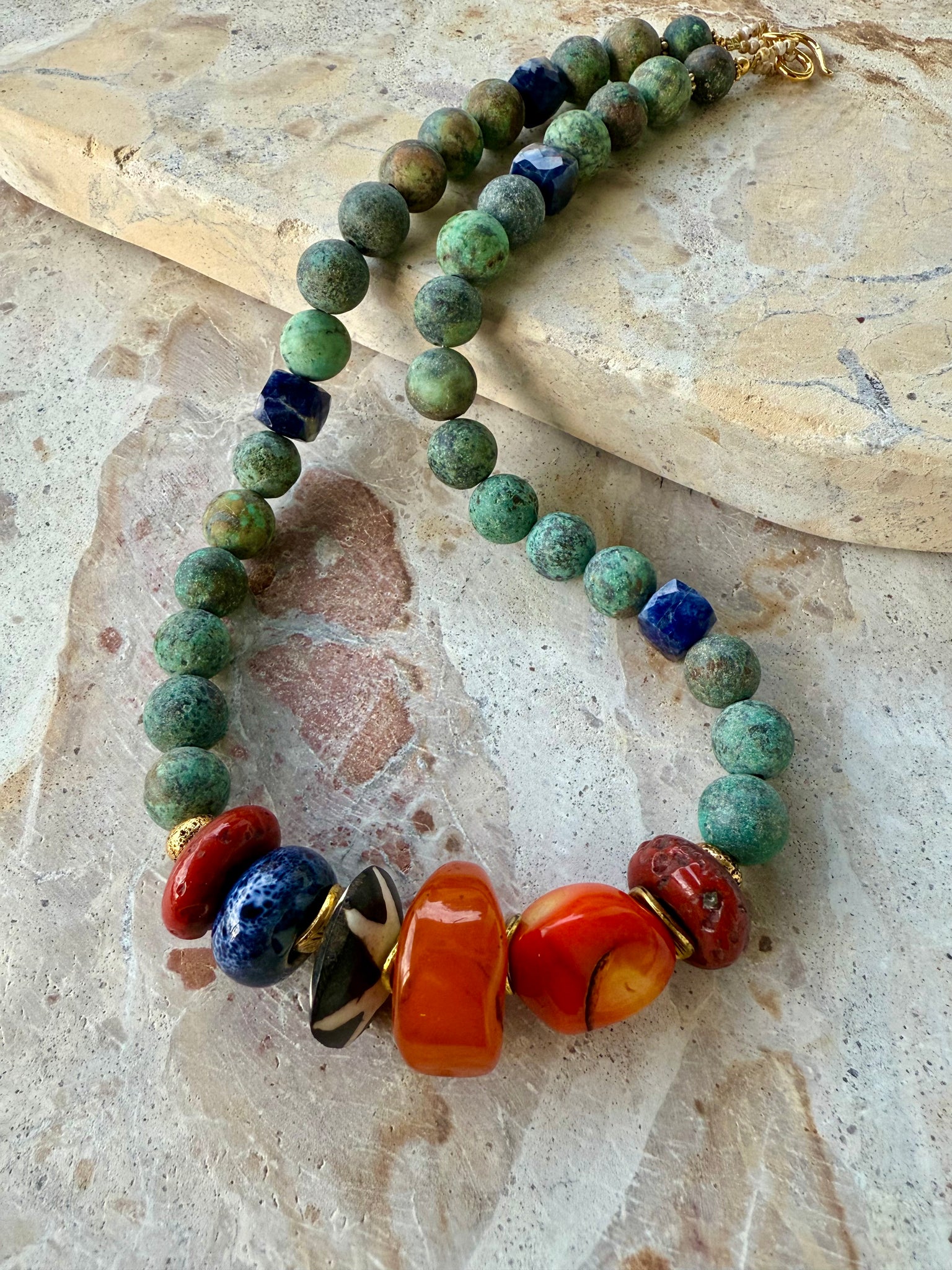 Turquoise Stone Orange Beaded Shell Necklace