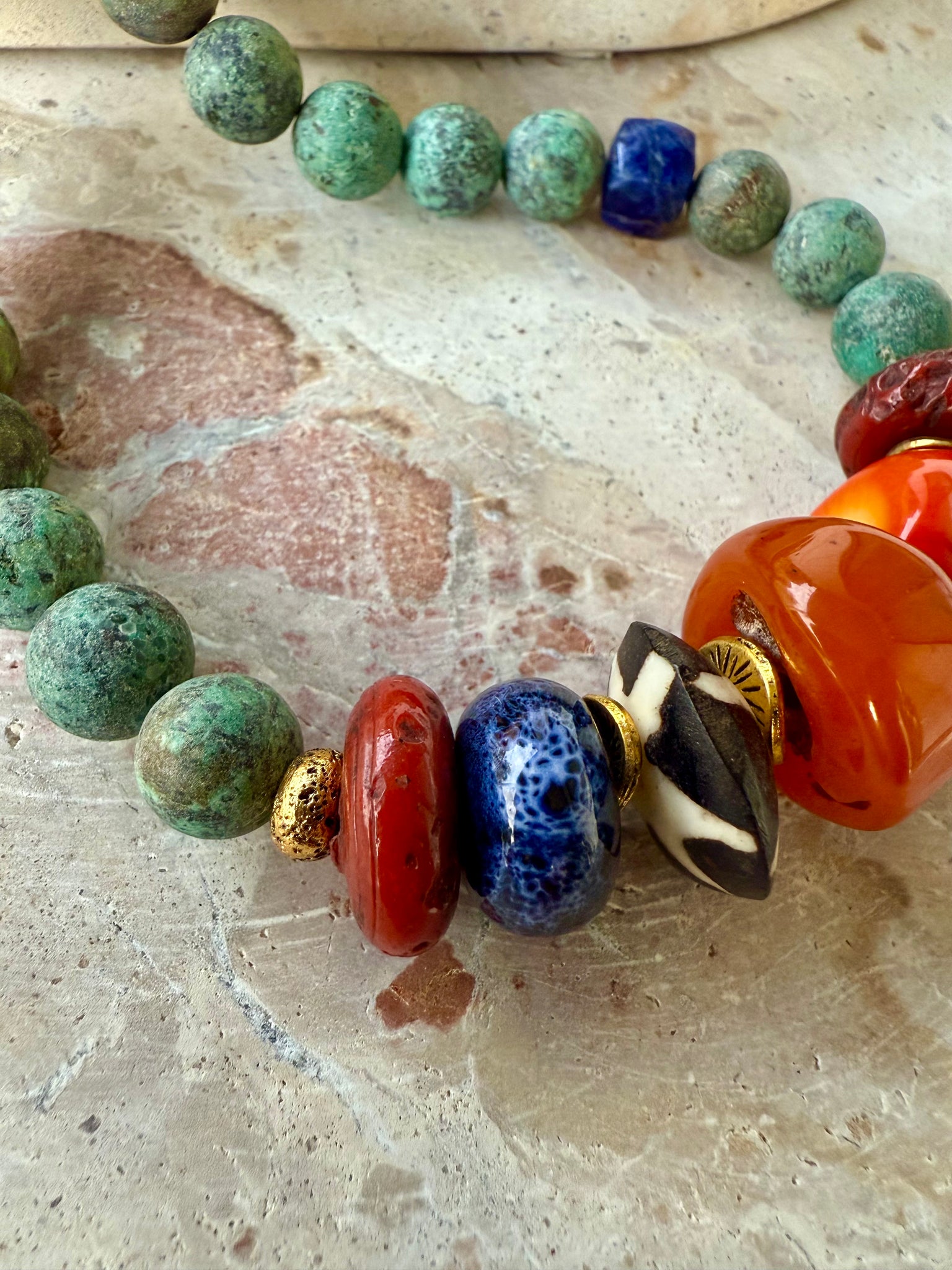 Turquoise Stone Orange Beaded Shell Necklace