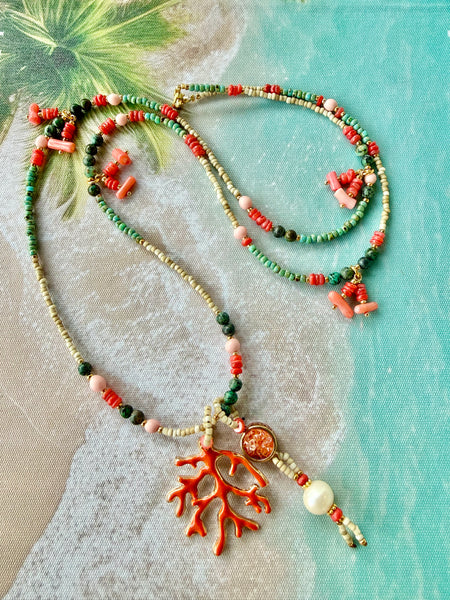 Red - Pink Coral Seed Bead Necklace