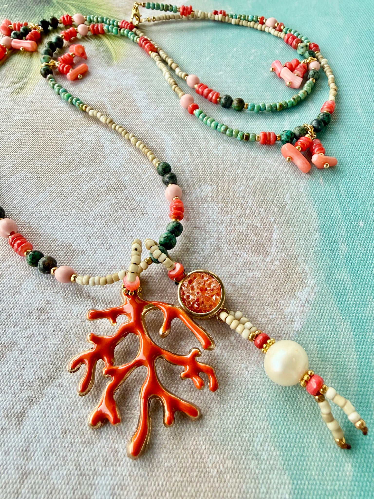 Red - Pink Coral Seed Bead Necklace