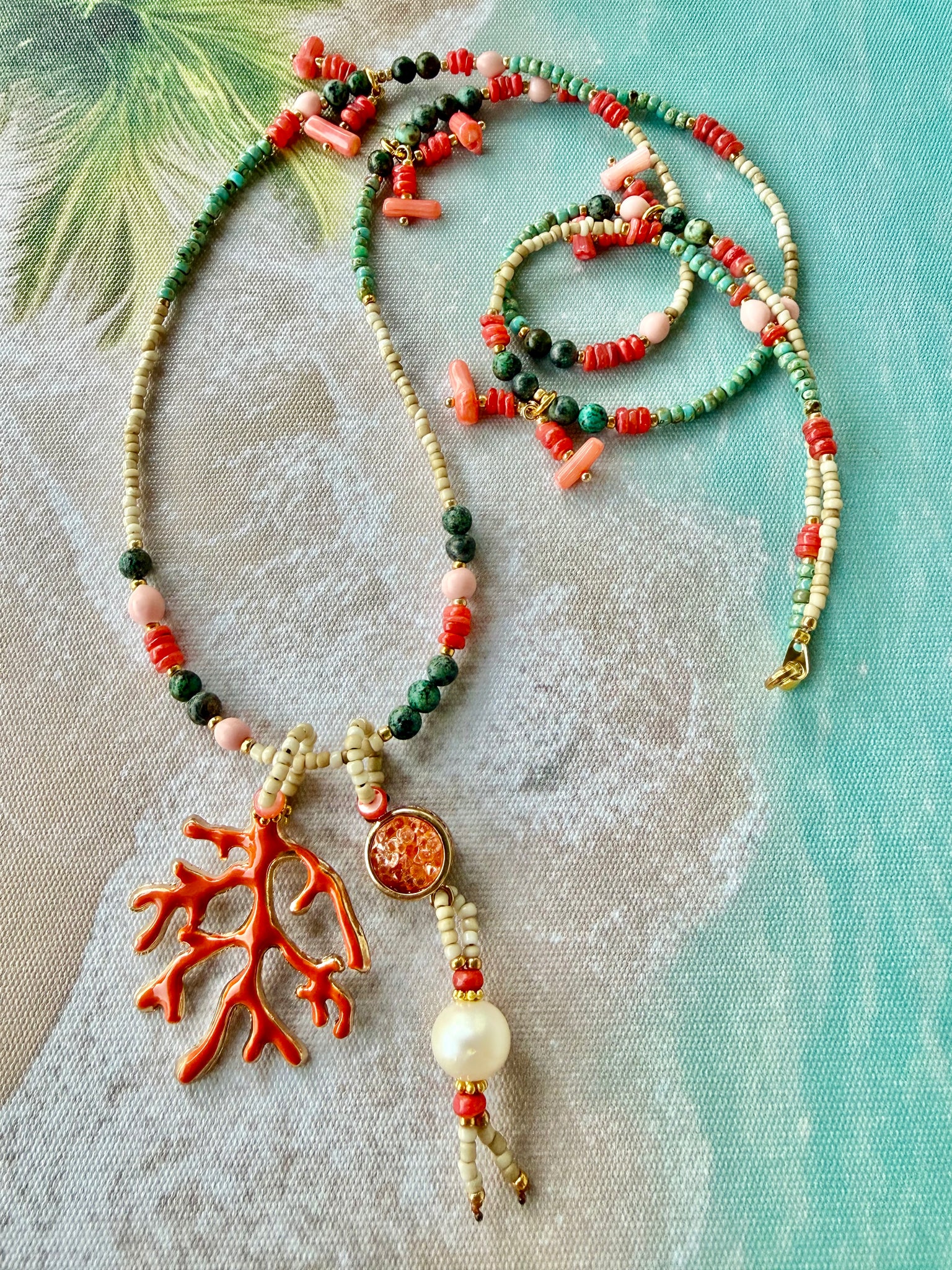 Red - Pink Coral Seed Bead Necklace