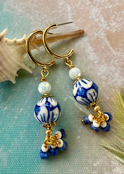 Coastal Blue & White Beaded Earrings