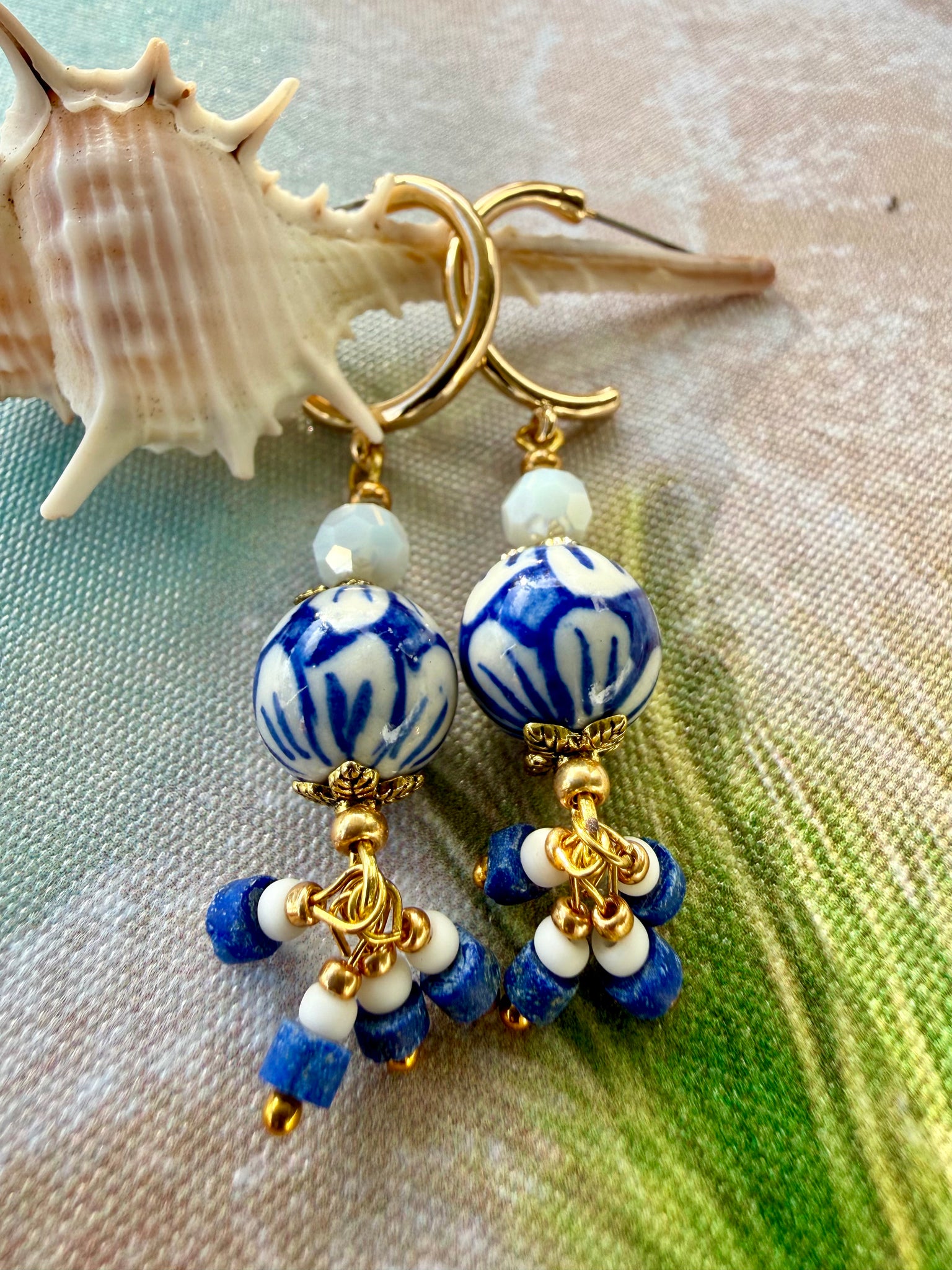 Coastal Blue & White Beaded Earrings