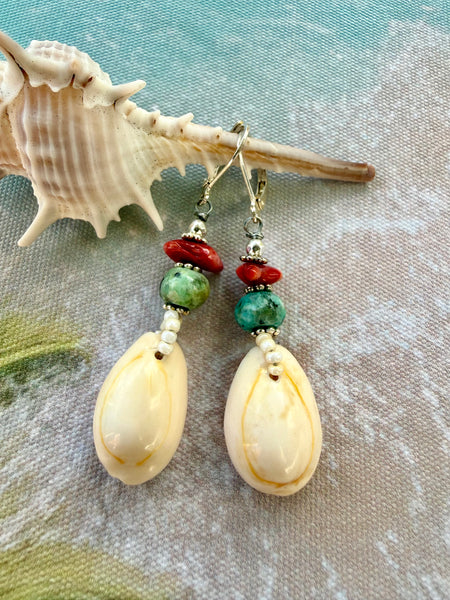 Red Coral Cowrie Shell Earrings