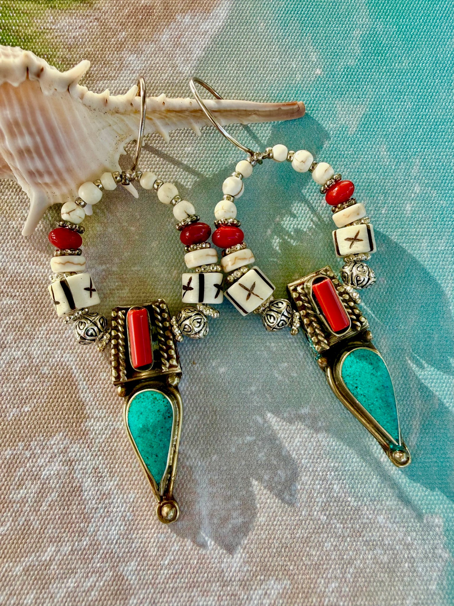 Indian Turquoise Stone Red Coral Earrings