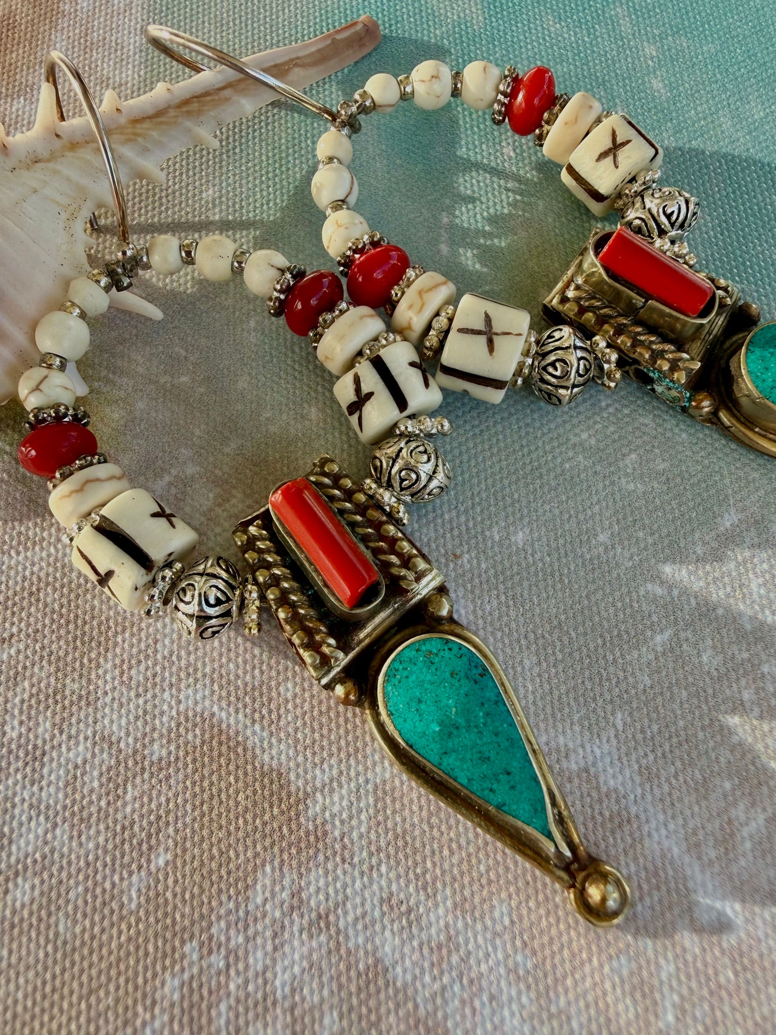 Indian Turquoise Stone Red Coral Earrings