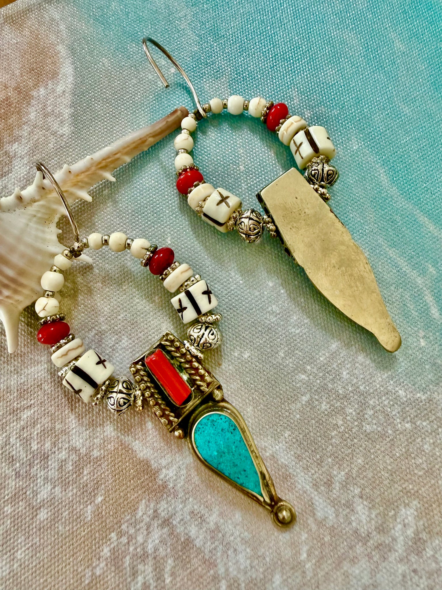 Indian Turquoise Stone Red Coral Earrings