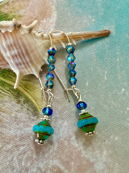 Turquoise Crystal Beaded Boho Silver Earrings