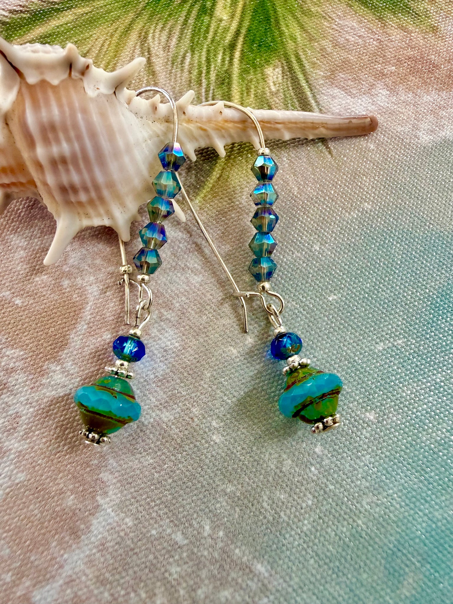 Turquoise Crystal Beaded Boho Silver Earrings