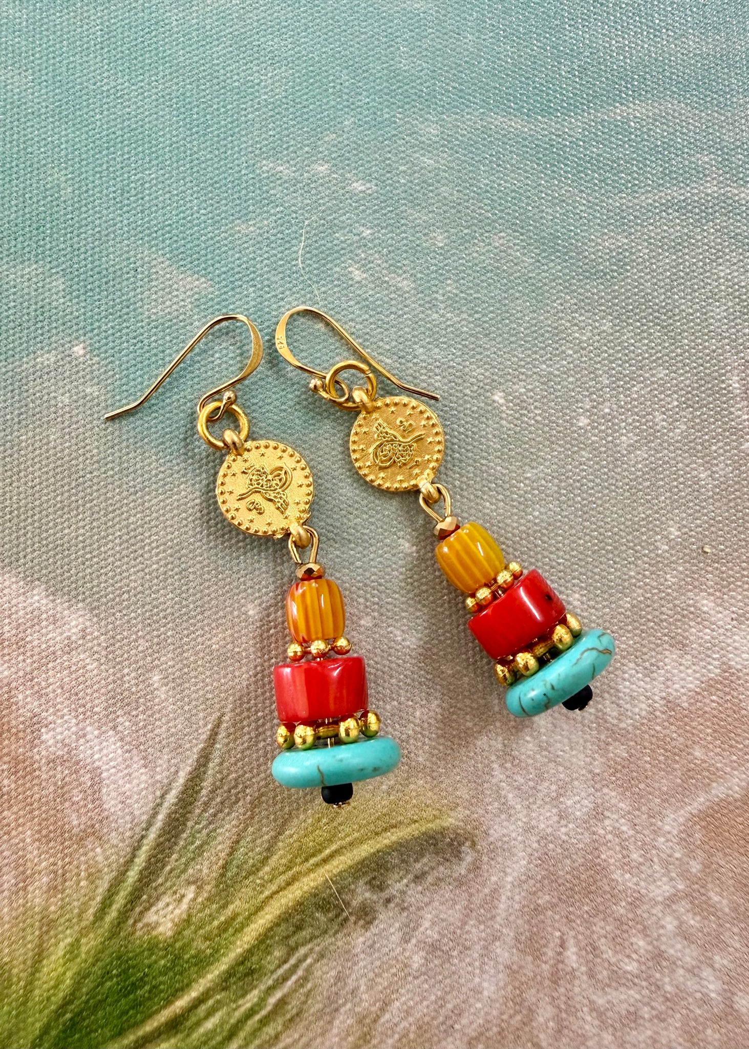 Gold Coin Red Coral Earrings