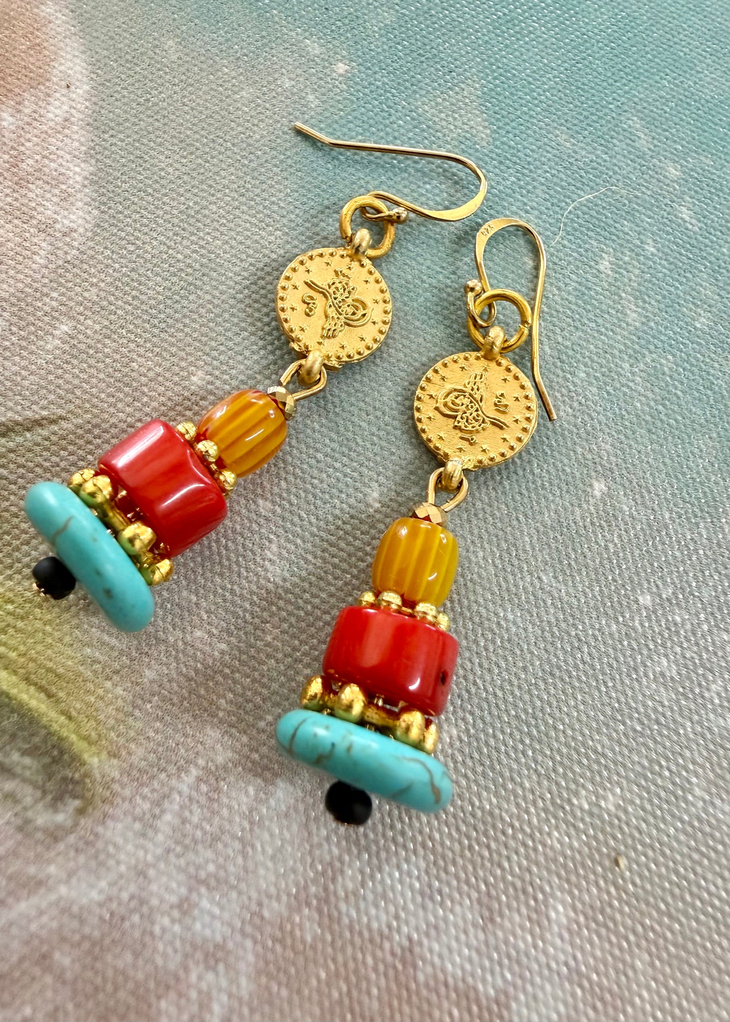 Gold Coin Red Coral Earrings