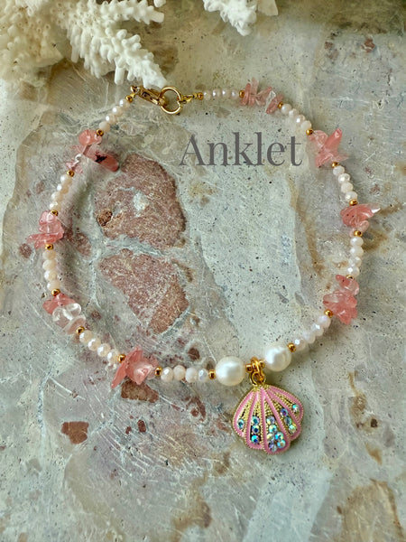 Pink Stone Chip Pearl Anklet