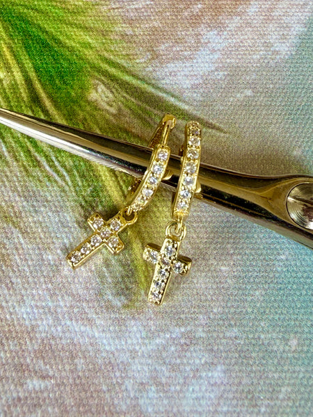 Gold Cross Crystal Earrings