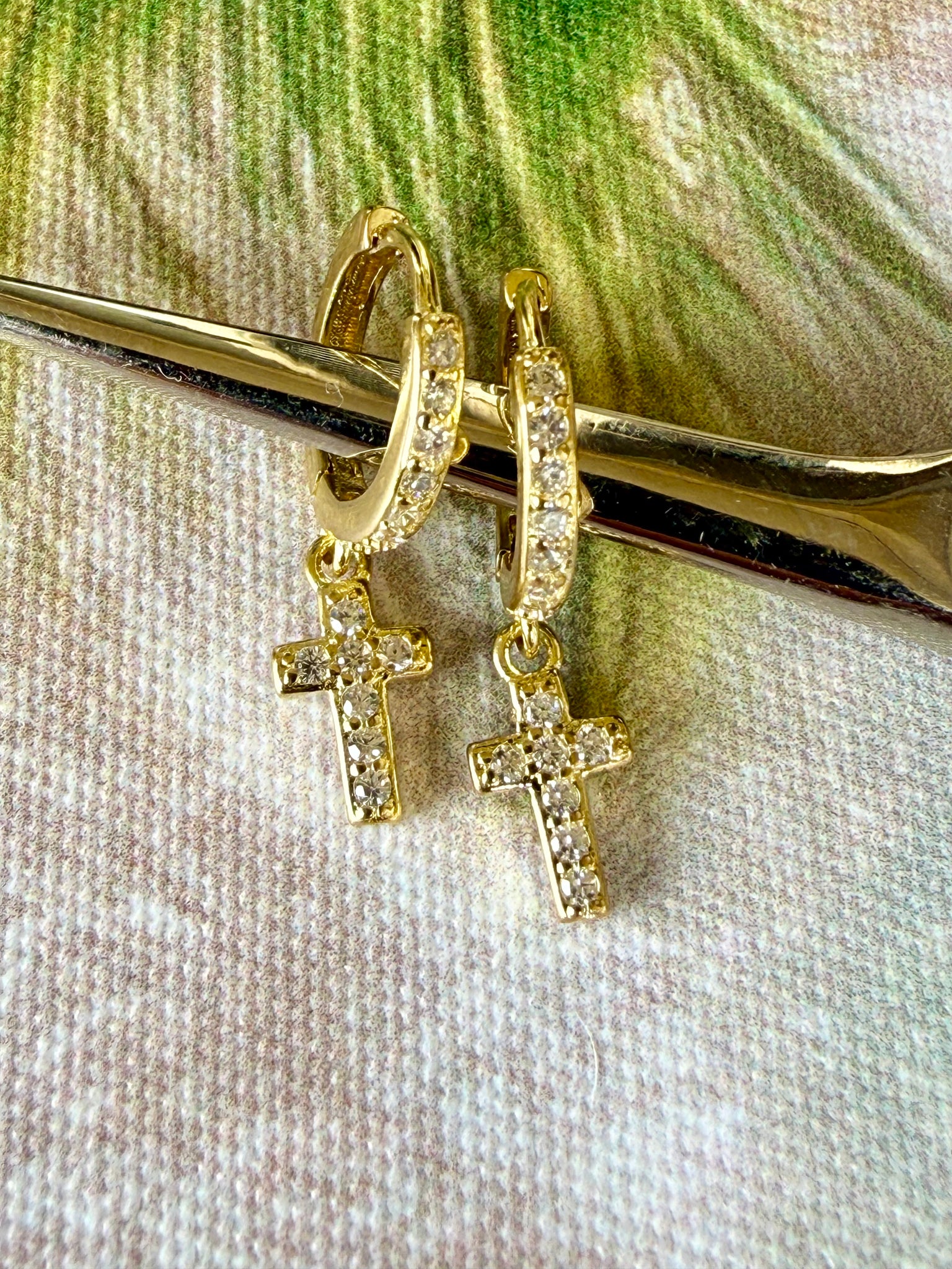 Gold Cross Crystal Earrings