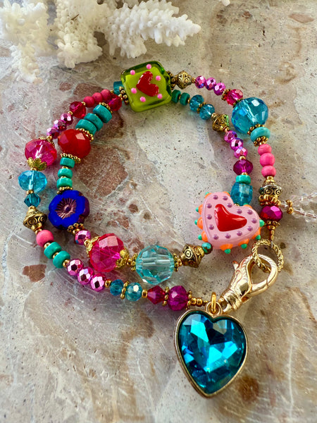 Crystal Heart Charm Beaded Bracelet