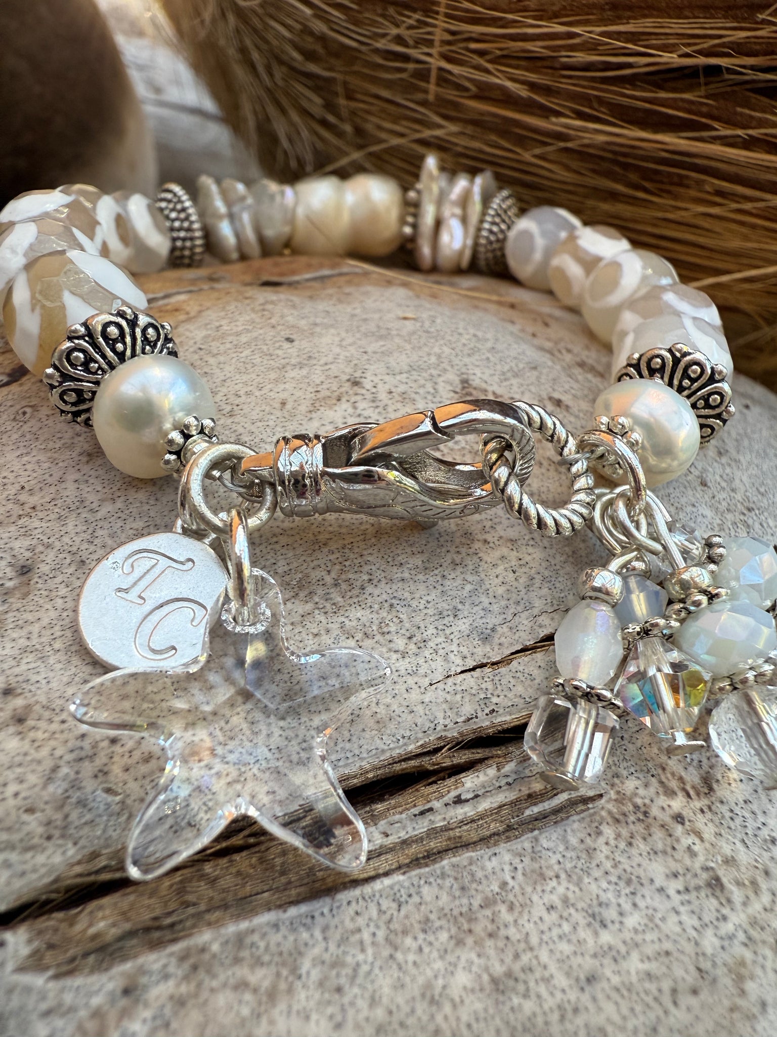 White Stone Beaded Pearl Silver Bracelet