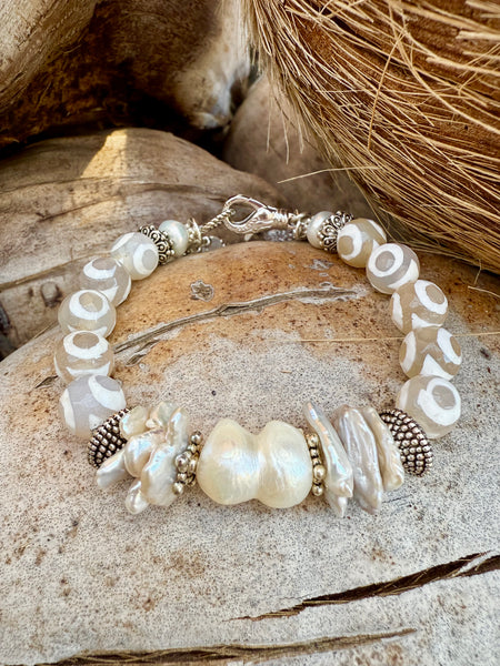 White Stone Beaded Pearl Silver Bracelet