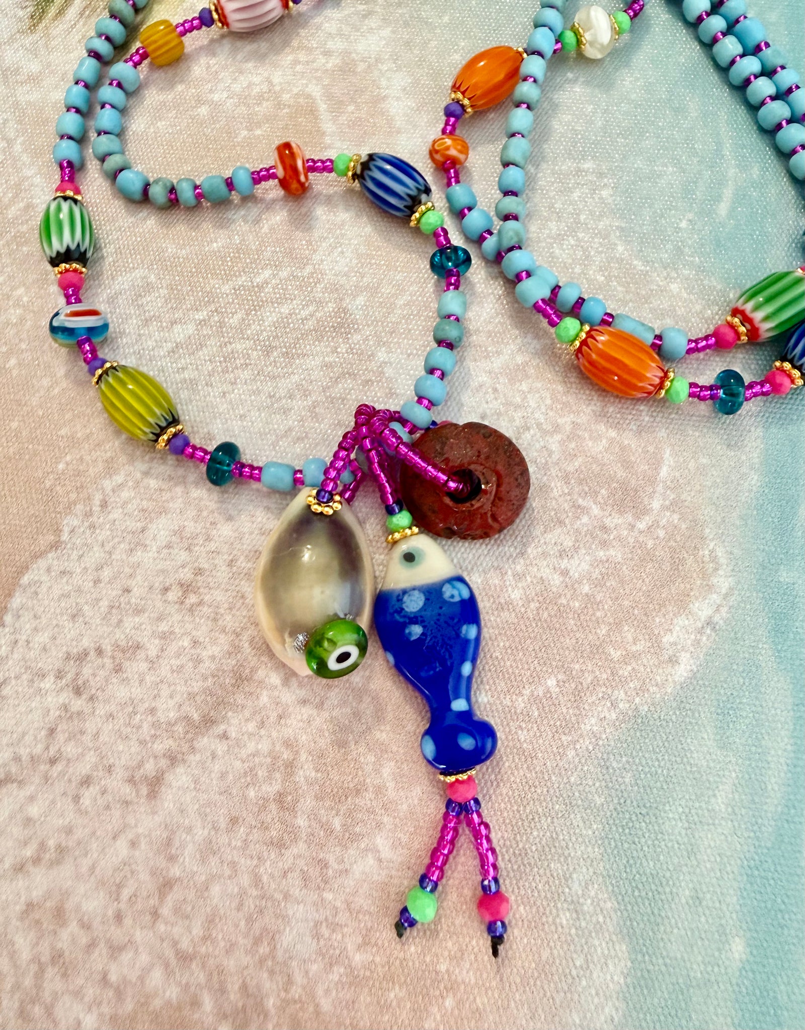 Boho Island Fish & Shell Beaded Necklace