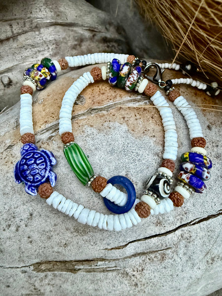 White Shell Charm African Trade Bead Bracelet