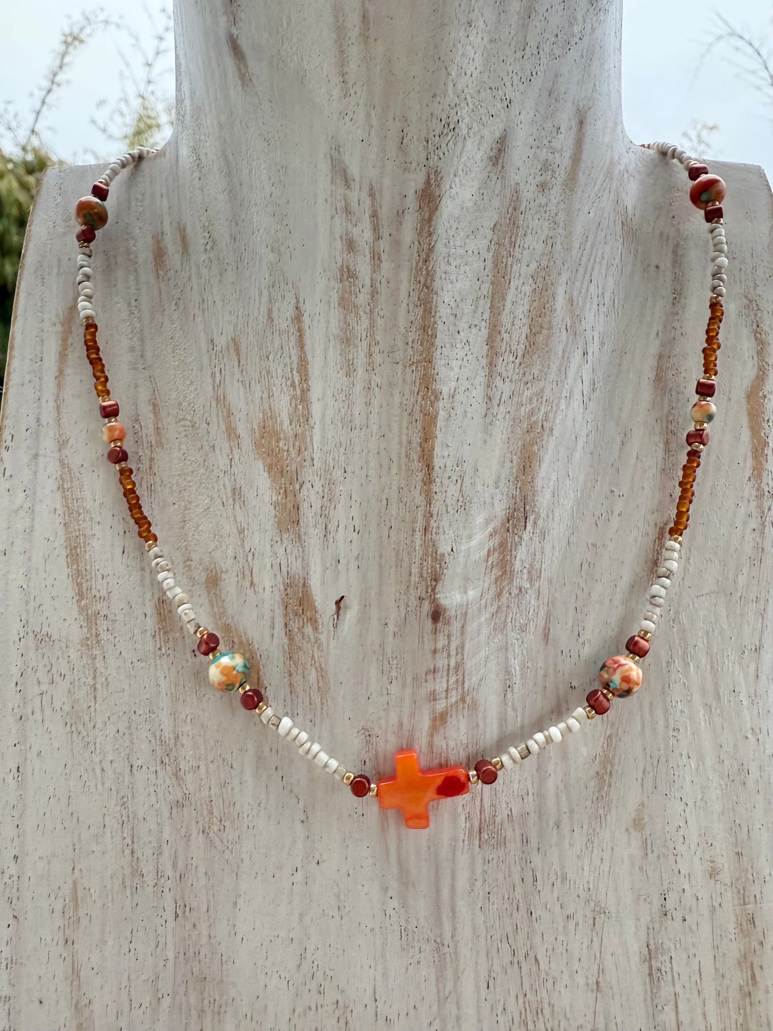 Sandy Beach Seed Bead Cross Necklace