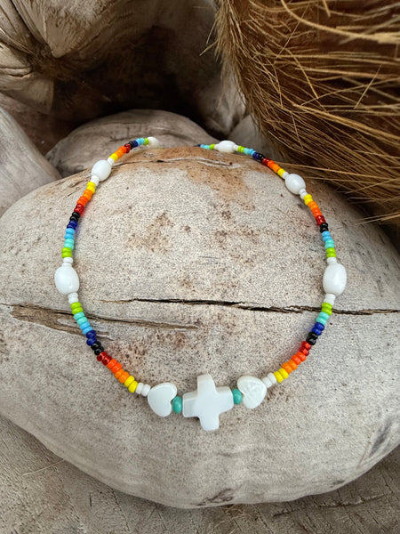 Seed Bead Shell Cross Necklace