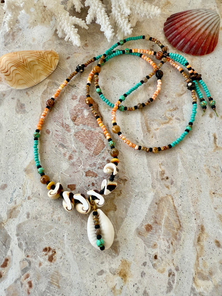 Orange Seed Bead Cowrie Shell Necklace