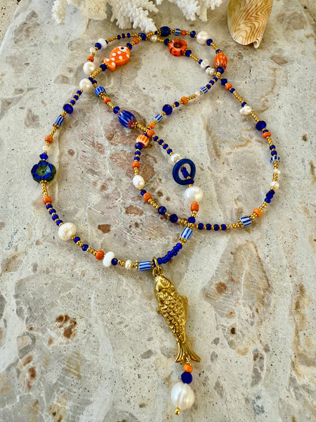 Sunkissed Seed Bead Orange-Blue Necklace
