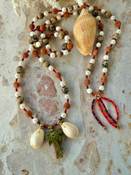 Rudraksha Palm Islander Cowrie Beaded  Necklace