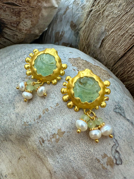 Green Gold Pearl Costume Earrings