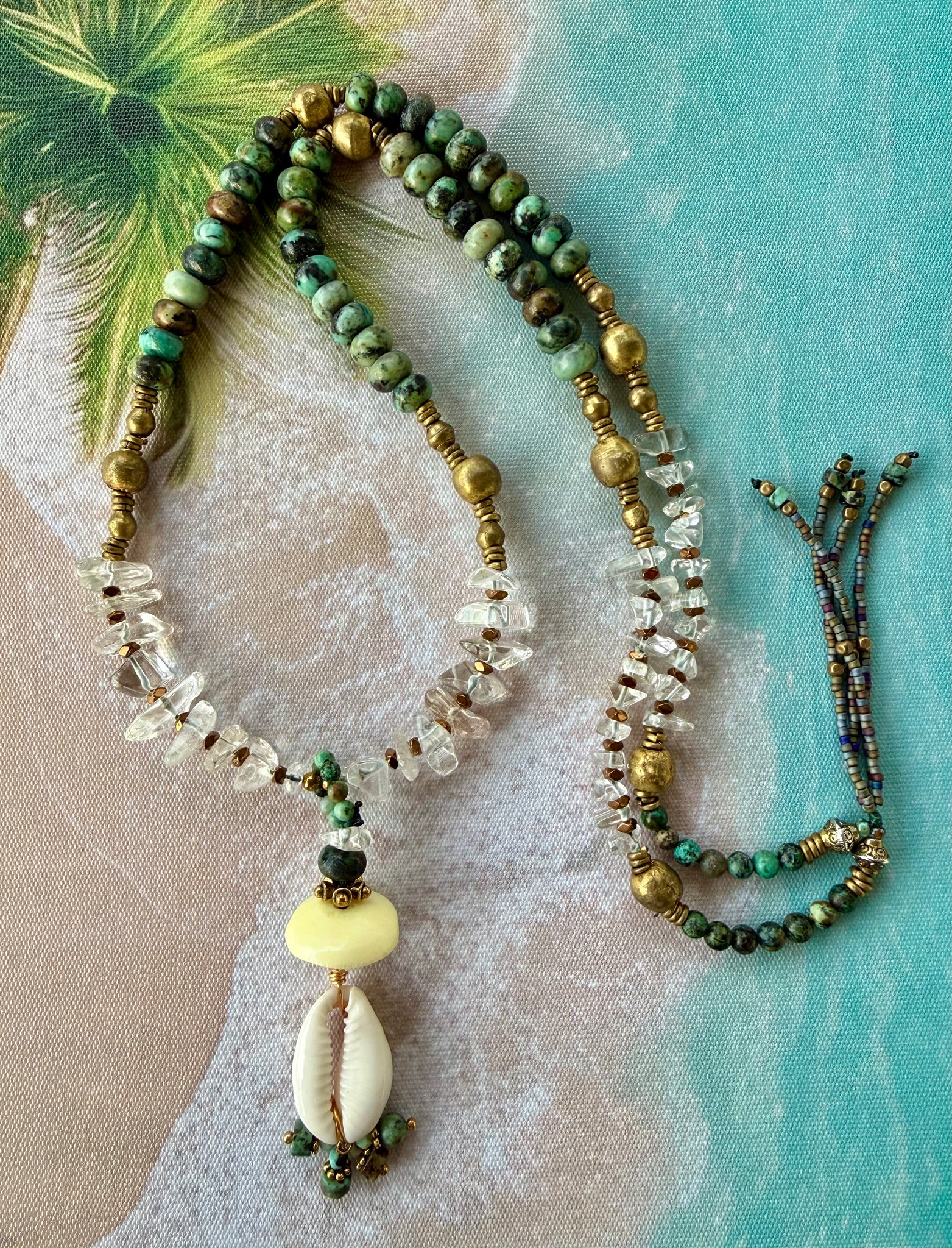 African Turquoise & Quartz Crystal Cowrie Shell Necklace