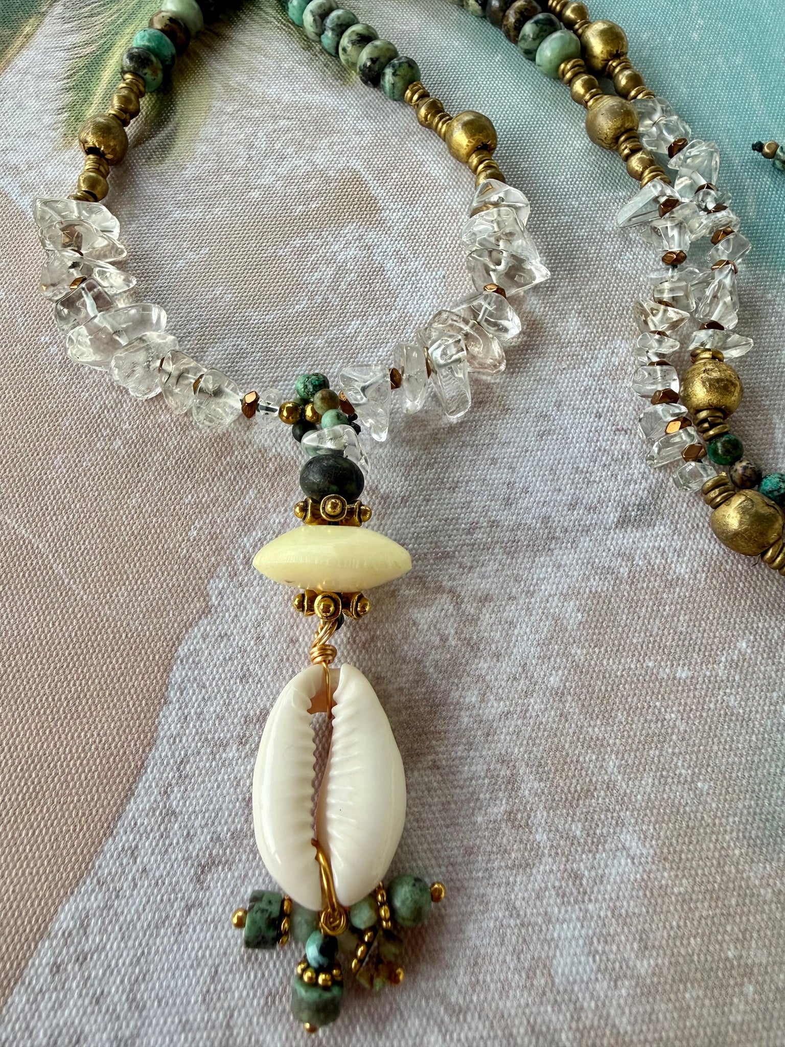 African Turquoise & Quartz Crystal Cowrie Shell Necklace