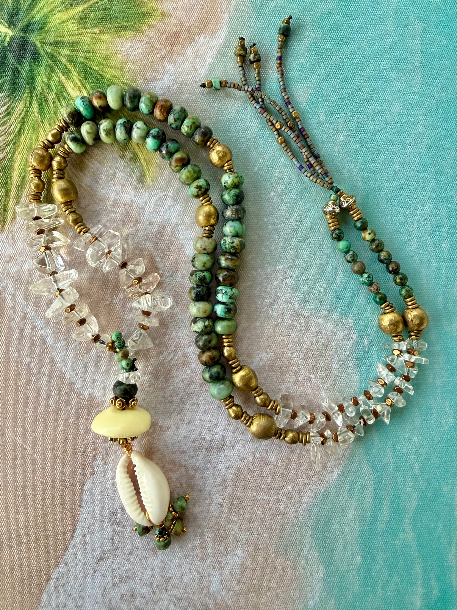 African Turquoise & Quartz Crystal Cowrie Shell Necklace