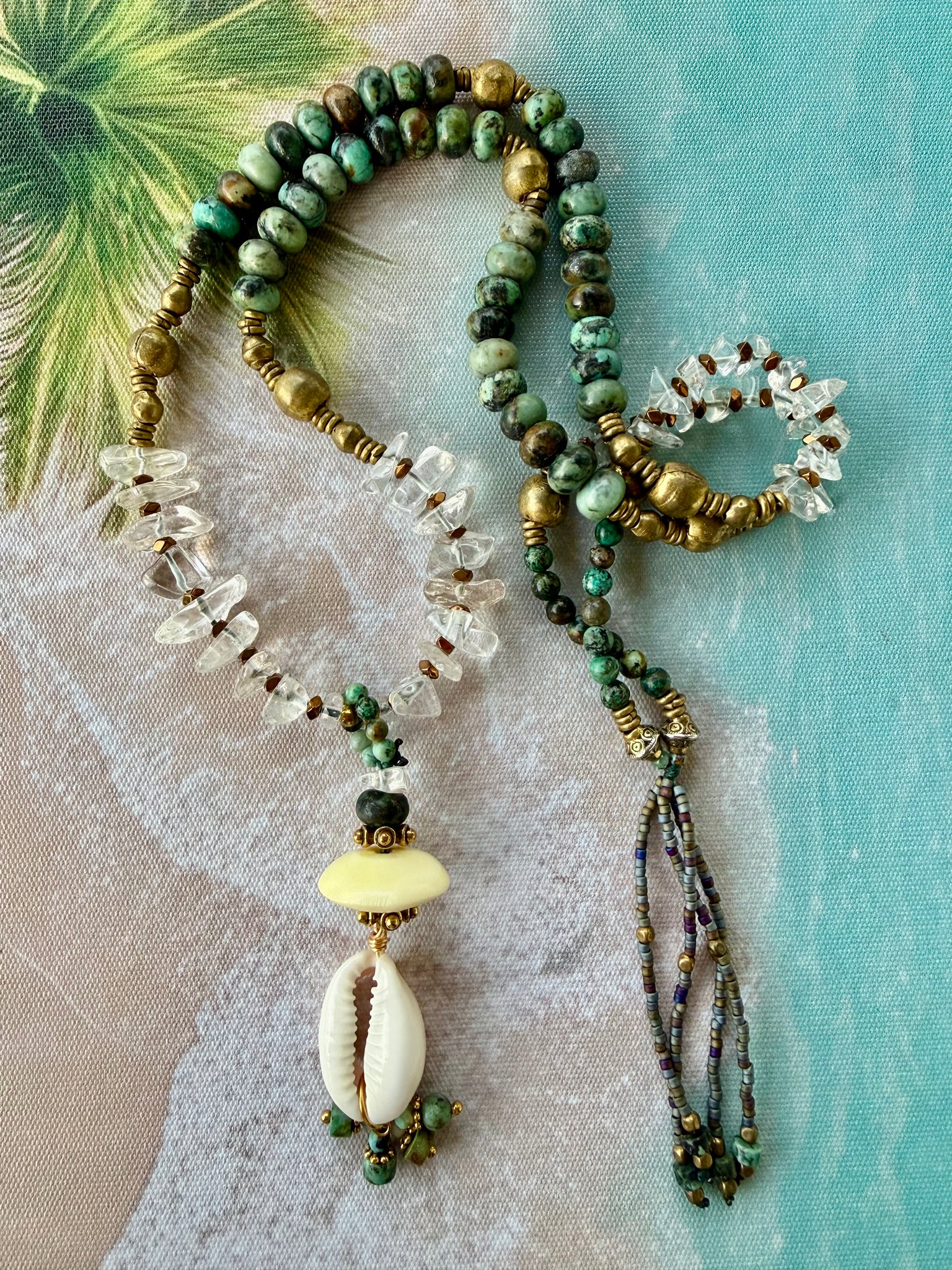 African Turquoise & Quartz Crystal Cowrie Shell Necklace