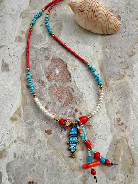 Greek Freshwater Pearl Aqua Stone Charm Necklace