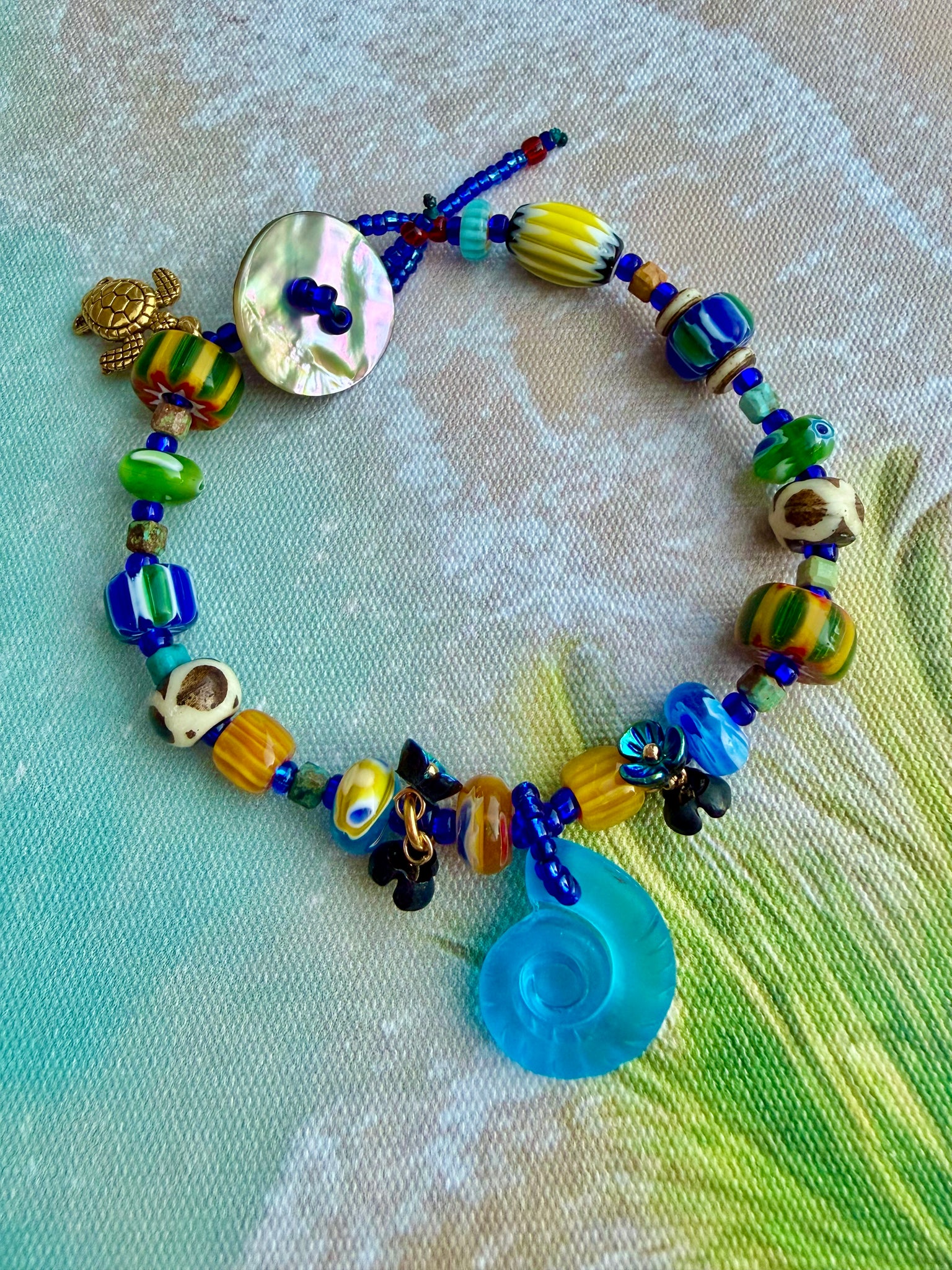 Blue Sea Glass Shell Boho Bracelet