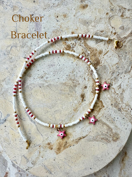 Pink Seed Bead Evil Eye Star Choker