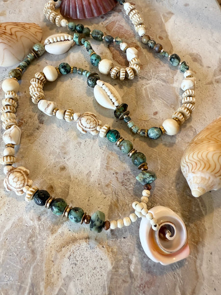 Turquoise Stone Beach Shell Beaded Necklace