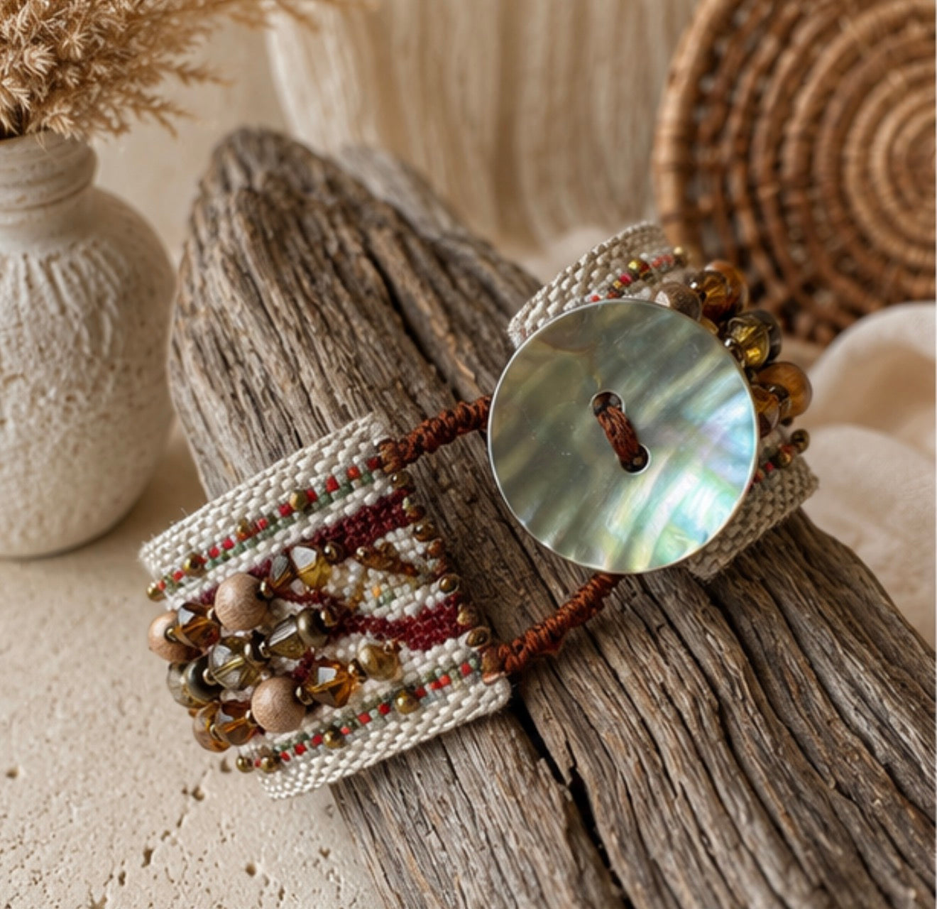 Embroidered Cowrie Shell Crystal Cuff Bracelet
