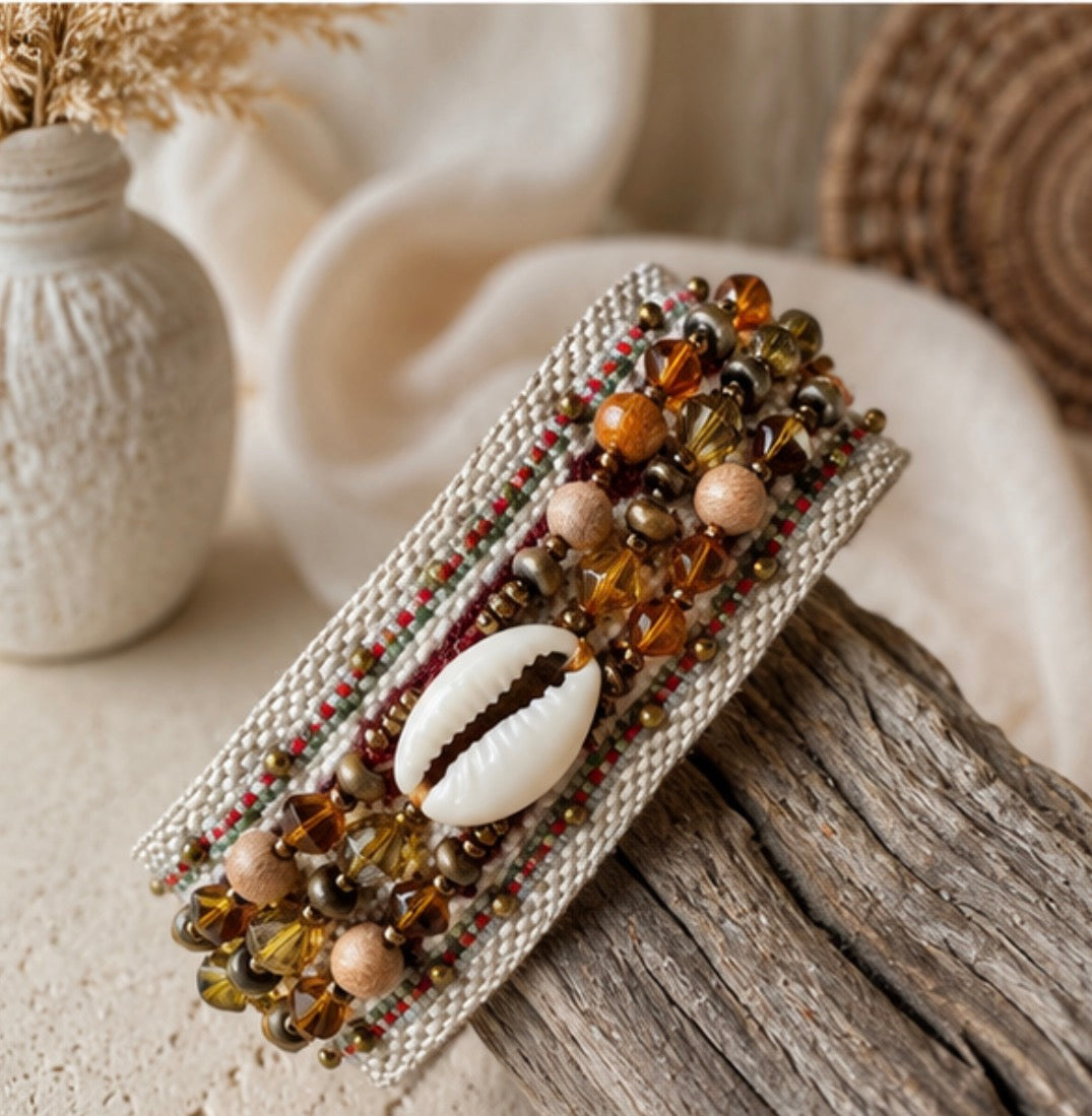 Embroidered Cowrie Shell Crystal Cuff Bracelet