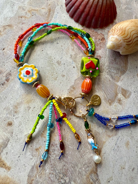 Hippy Seed Bead Flower Charm Bracelet