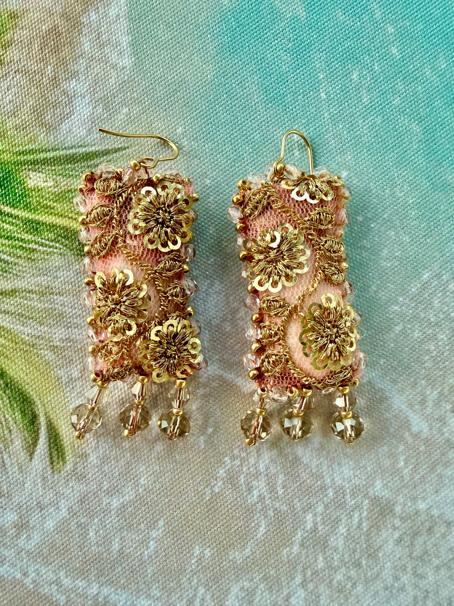 Blush Pink & Gold Floral Crystal Statement Earrings