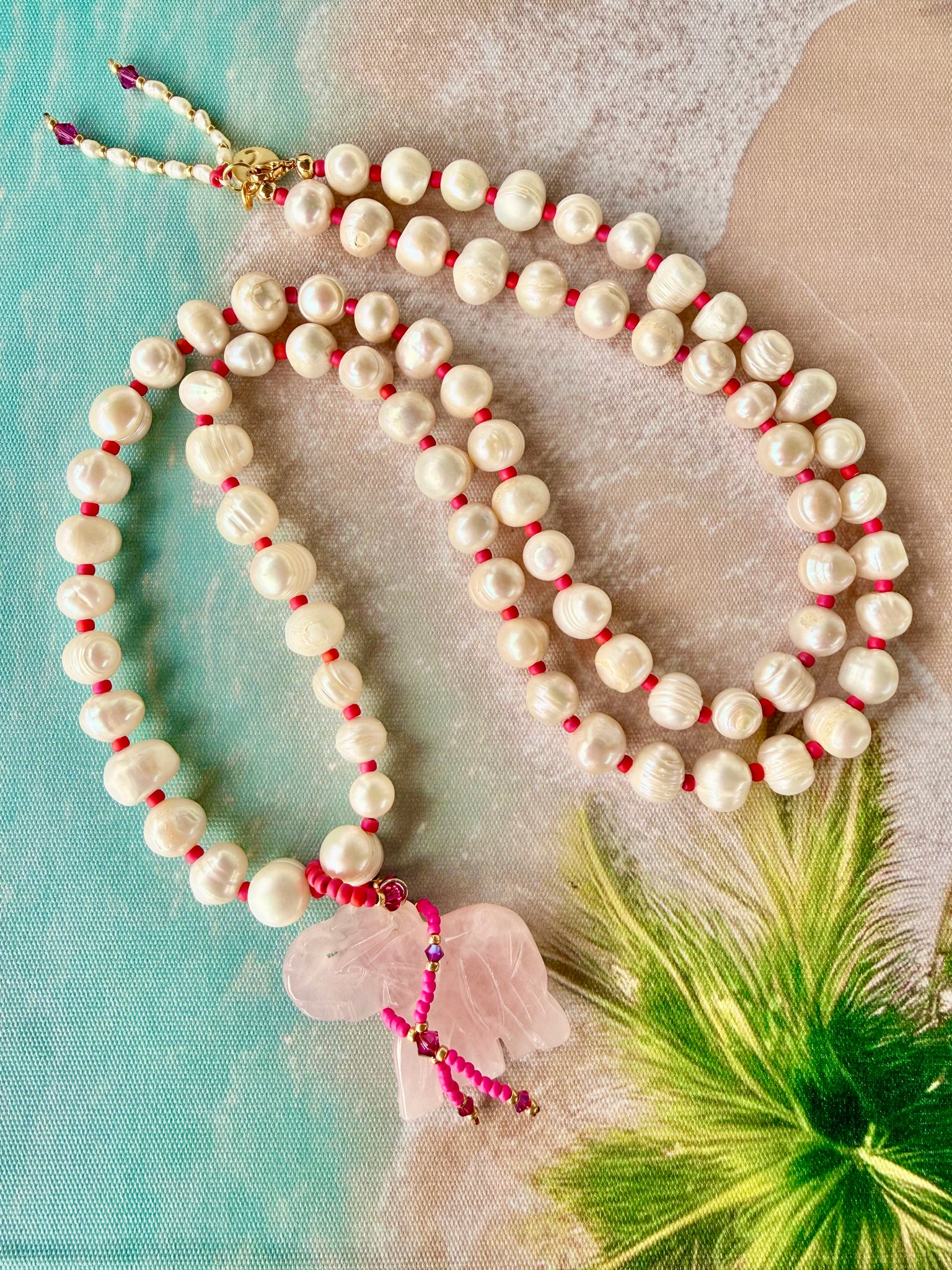 Bohemian Rose Quartz Elephant Necklace - Freshwater Pearls